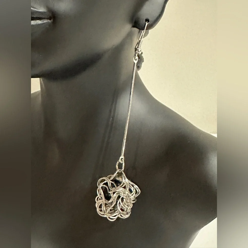 Silver Wire Drop Earrings with Black Accent Inside